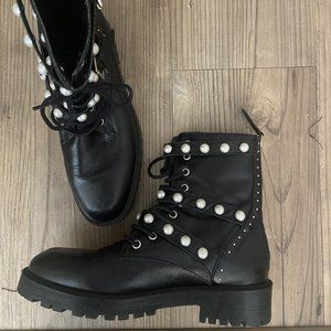 Zara Moto Motorcycle Combat Biker Pearl Detail Chunky Sole Black